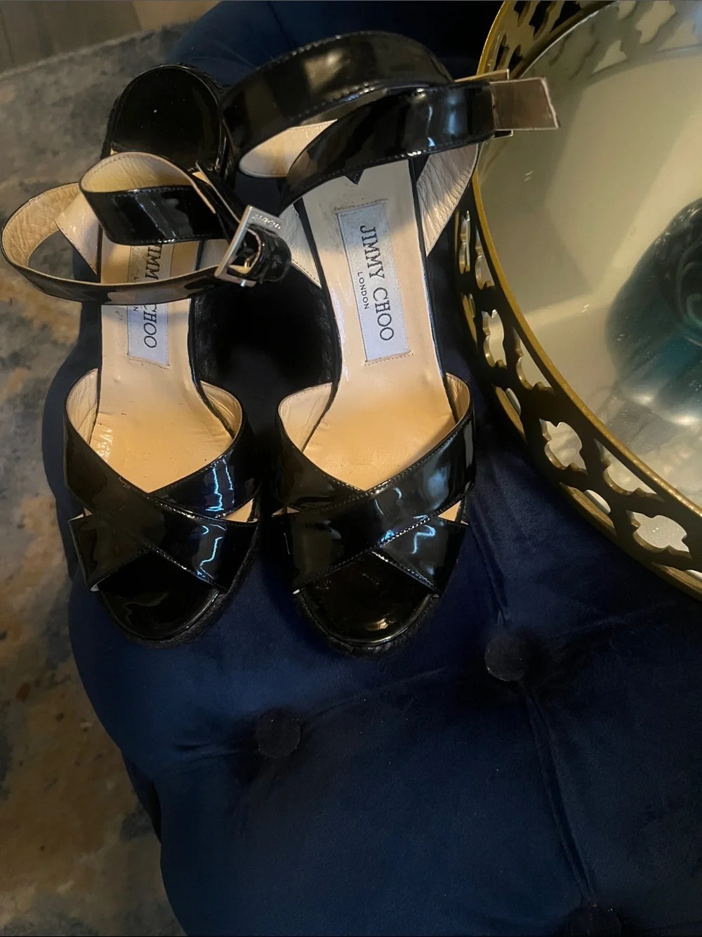 Jimmy Choo Black Patent Leather Crisscross Peep-Toe Heels with Ankle Strap
